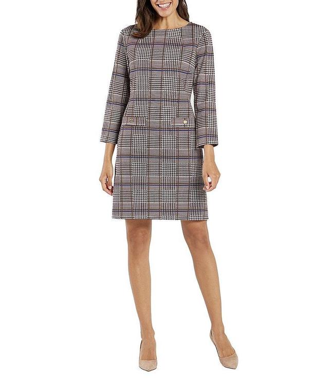 Jude Connally Sabine Printed Jude Cloth Stretch Knit Crew Neck 3/4 Sleeve Tab Button Detailed Shift Dress Product Image