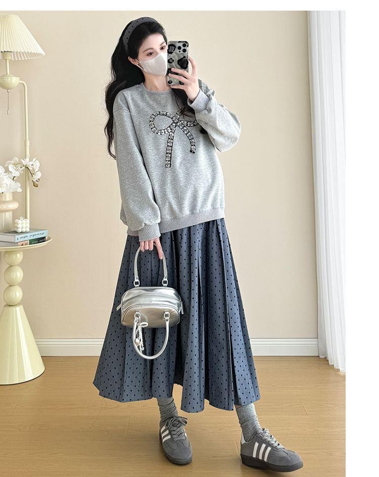 Maternity Round Neck Bow Sequin Pullover / High Waist Dotted Pleated Midi A-Line Skirt Product Image