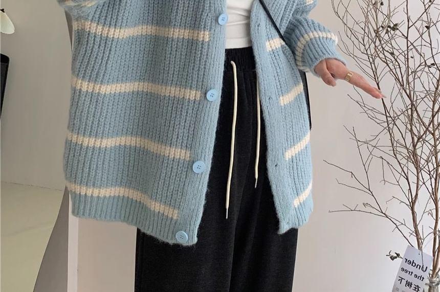 V-Neck Striped Button Up Oversized Cardigan Product Image