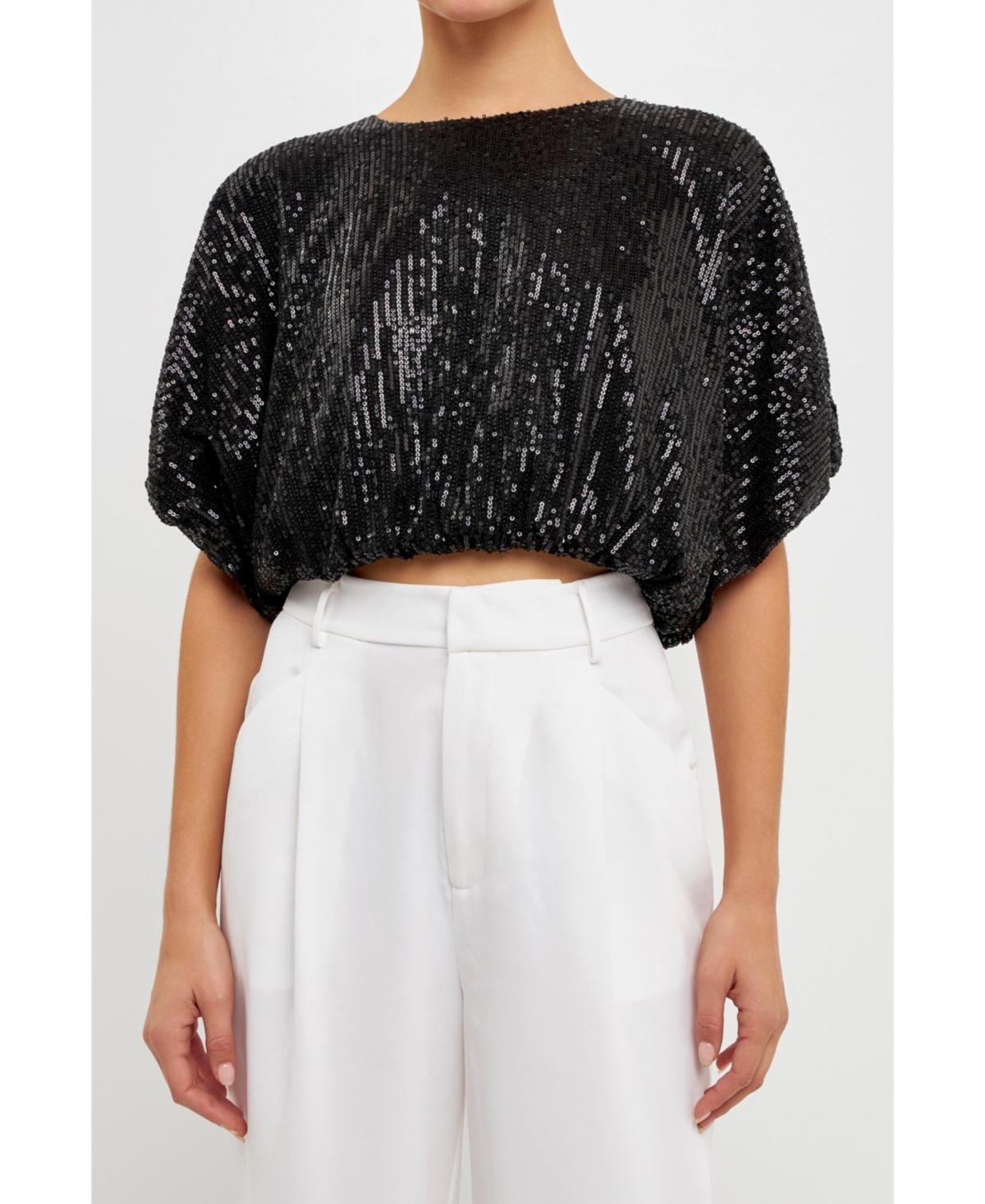 endless rose Womens Sequins Cropped Puff Top Product Image