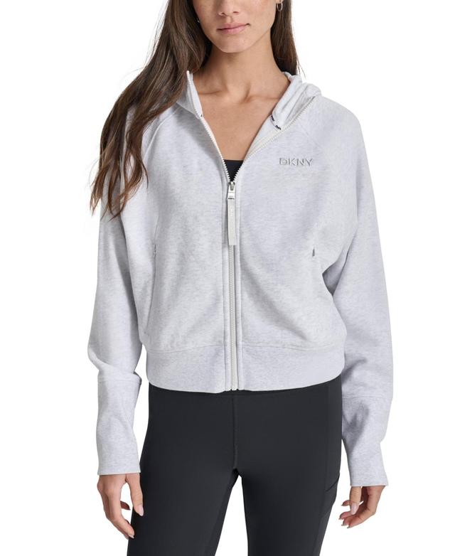 Dkny Womens Embroidered-Logo Cropped Zip-Front Fleece Hoodie Product Image