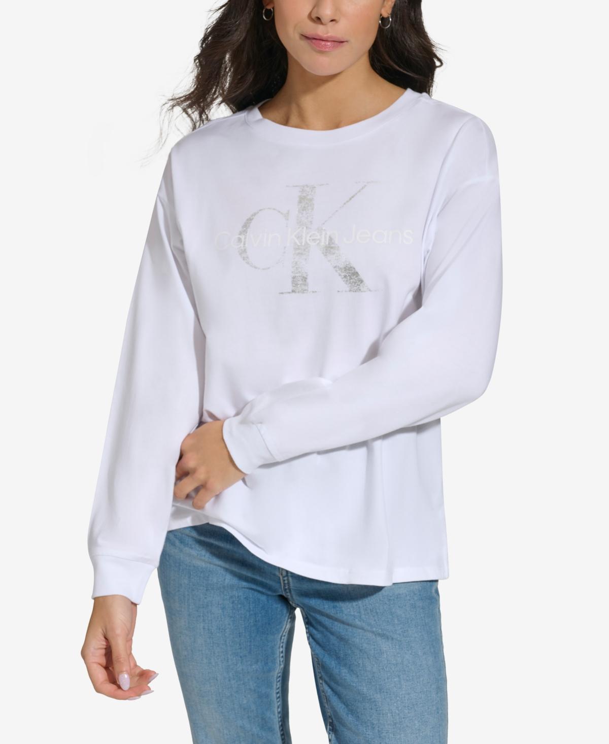 Calvin Klein Jeans Womens Monogram Logo Long-Sleeve T-Shirt - Powder Blue Product Image