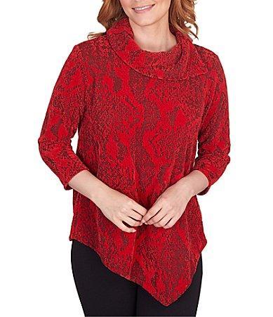 Ruby Rd. Snakeskin Chenille Jacquard Split Cowl Neck 34 Sleeve Asymmetrical Hem Top Product Image