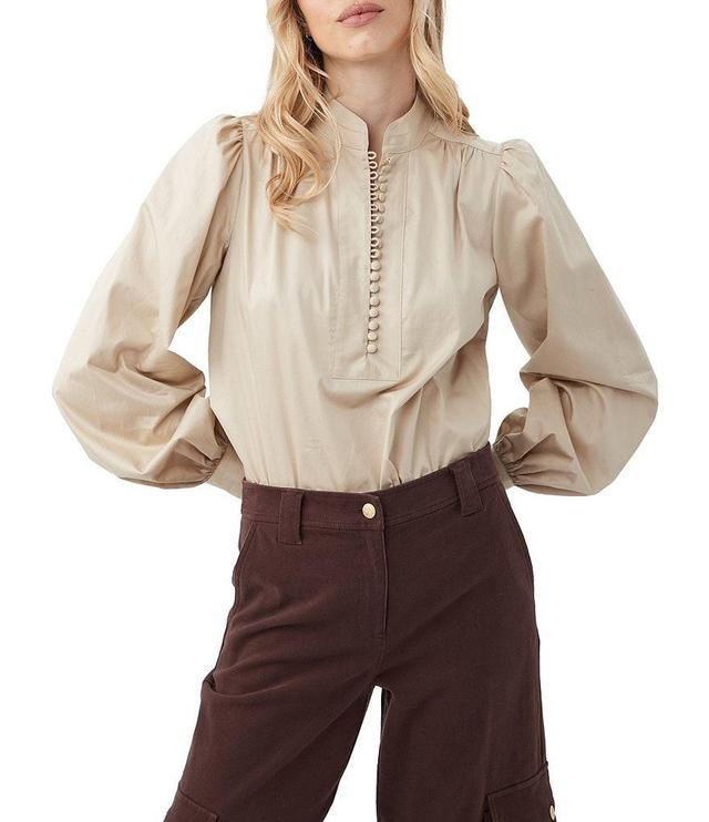 Trina Turk Sisi Cotton Sateen Mandarin Collar Long Sleeve Button Front Top Product Image