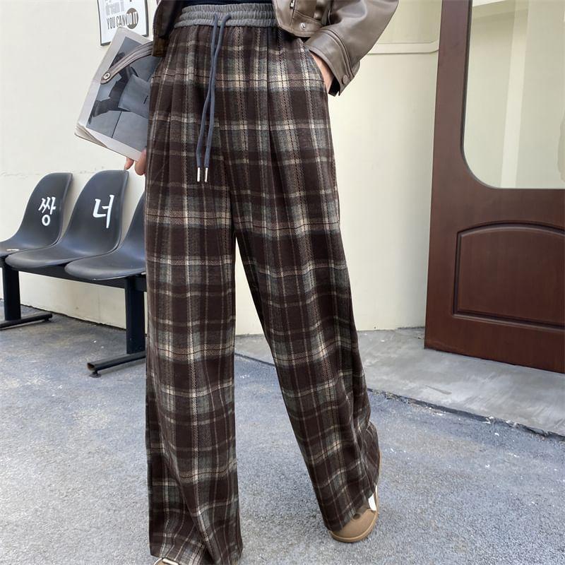 Drawstring Waist Plaid Wide Leg Pants Product Image