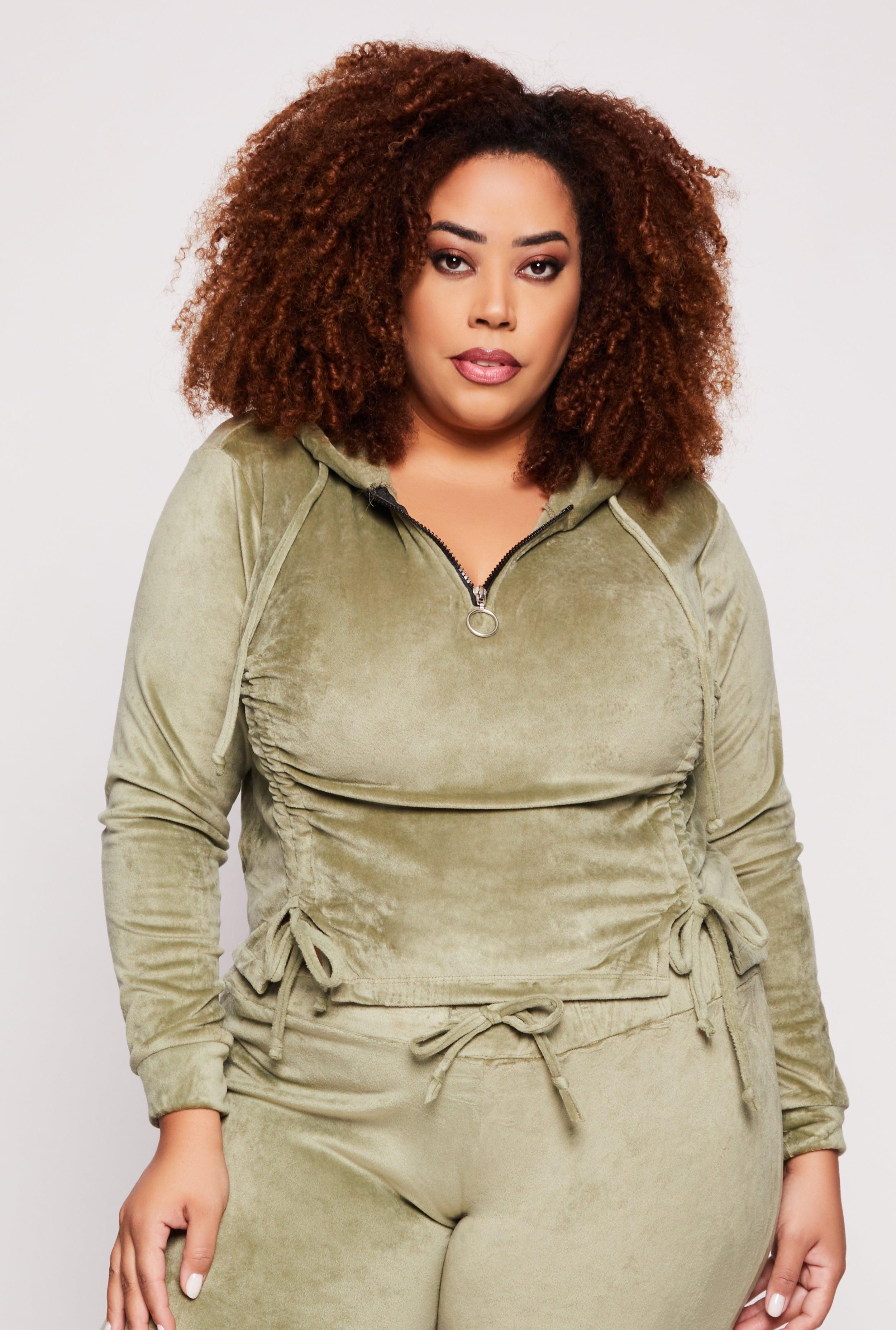 Womens Plus Size Velour Ruched Half Zip Hoodie Product Image