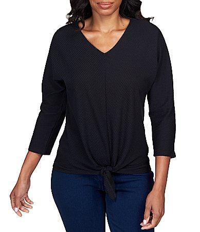 Ruby Rd. Petite Size Knit Ottoman V-Neck 34 Sleeve Tie Front Shirt Product Image