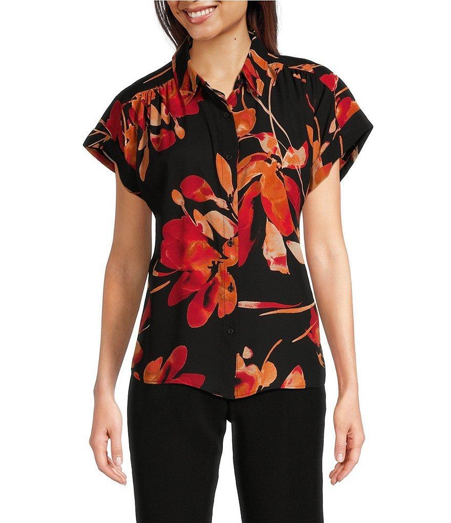 Calvin Klein Floral Collared Neckline Short Sleeve Button Front Top Product Image