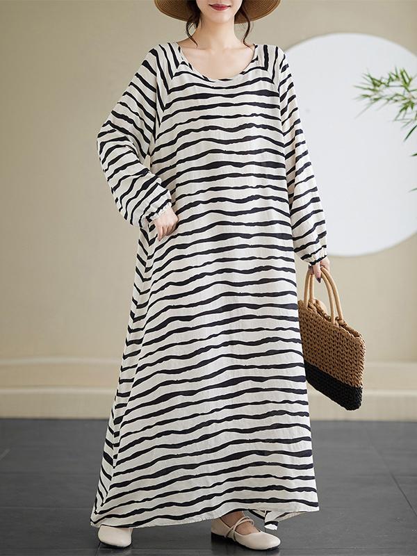 A-Line Long Sleeves Contrast Color Elasticity Striped Round-Neck Maxi Dresses product image