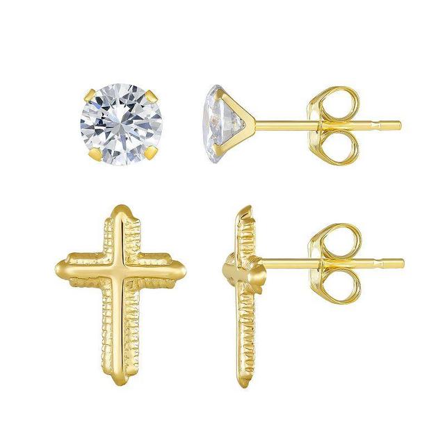 Taylor Grace 10k Gold Cross & Round Cubic Zirconia Earring Set, Womens, White Product Image