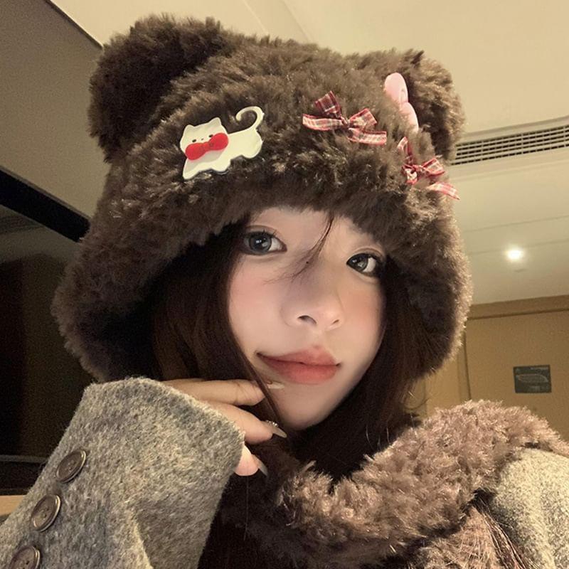 Bear Ear Applique Fluffy Knit Bonnet Product Image