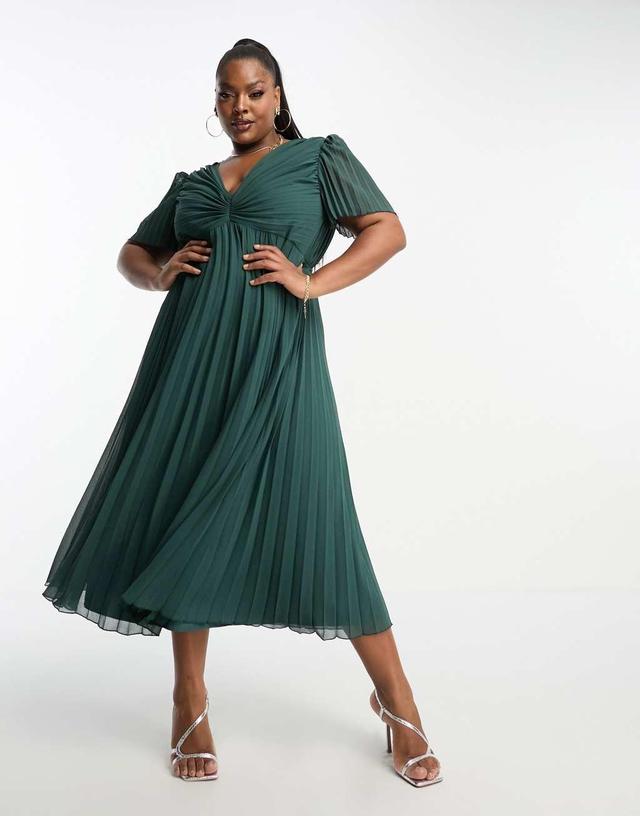 ASOS DESIGN Curve pleated bodice flutter sleeve pleat midi dress in pine green Product Image