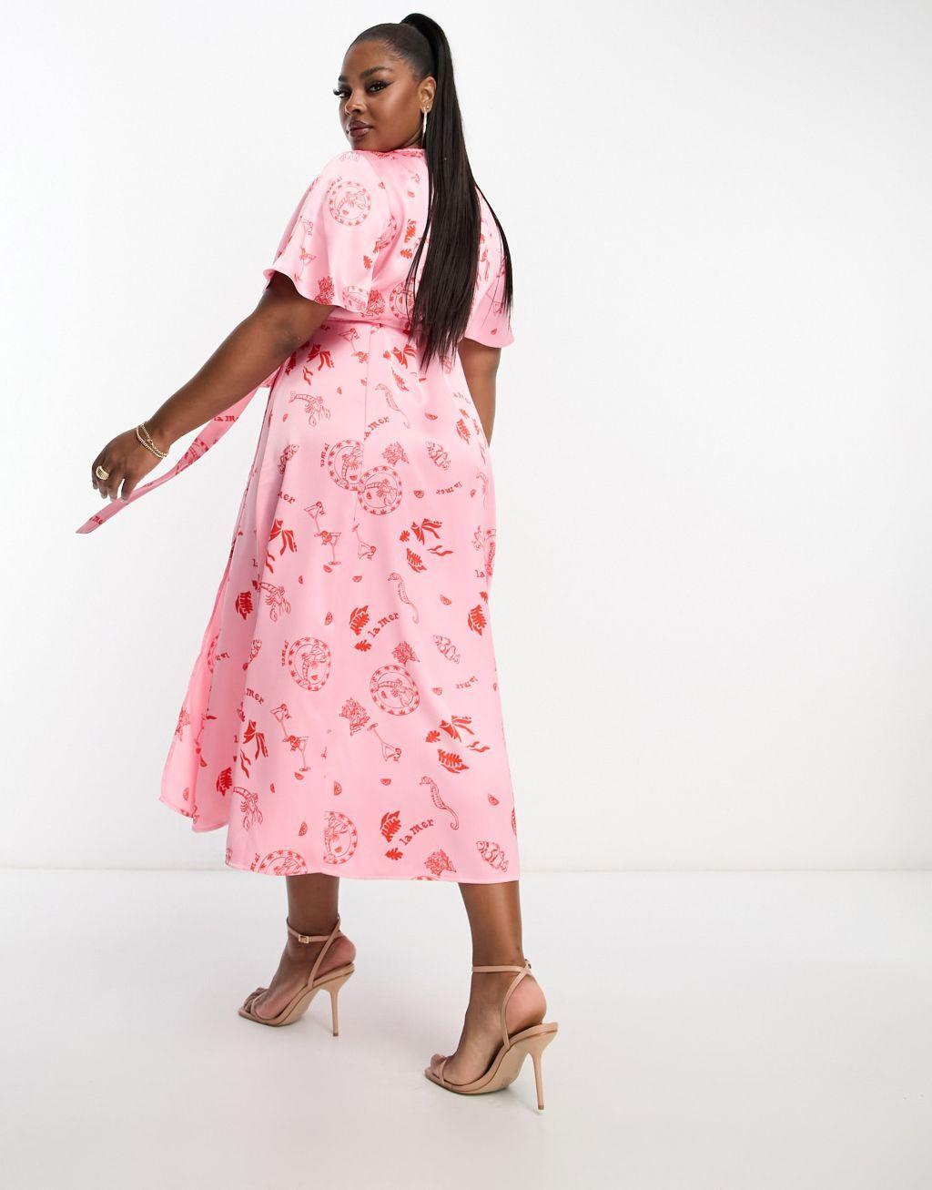 Never Fully Dressed Plus wrap tie midi dress in pink la mer print Product Image