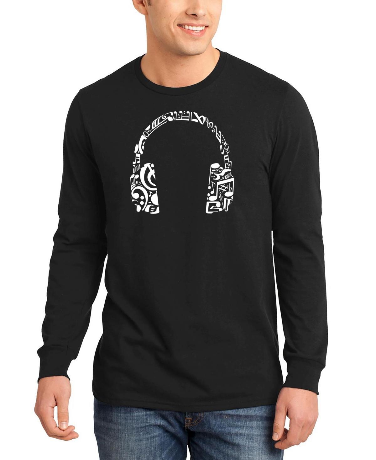 Mens Music Note Headphones Word Art Long Sleeve T-shirt Product Image