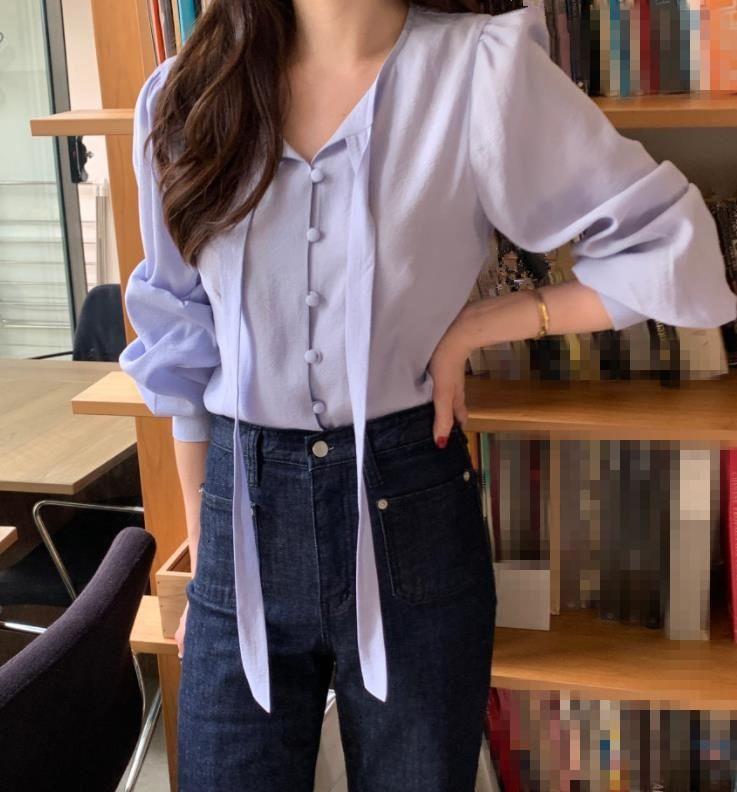 Puff-Sleeve Plain Button-Up Blouse Product Image