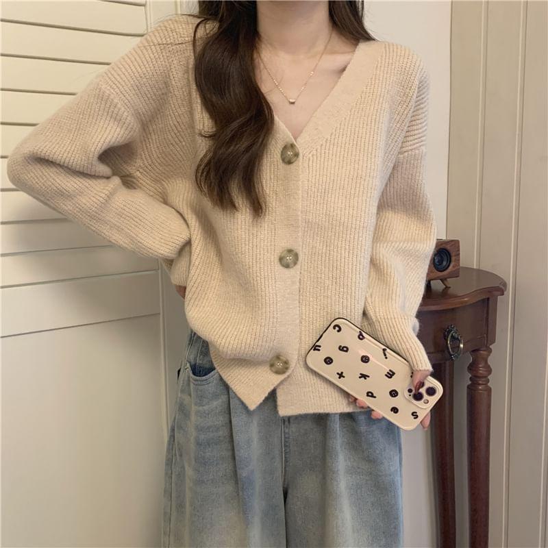 V-Neck Plain Button Cardigan Product Image