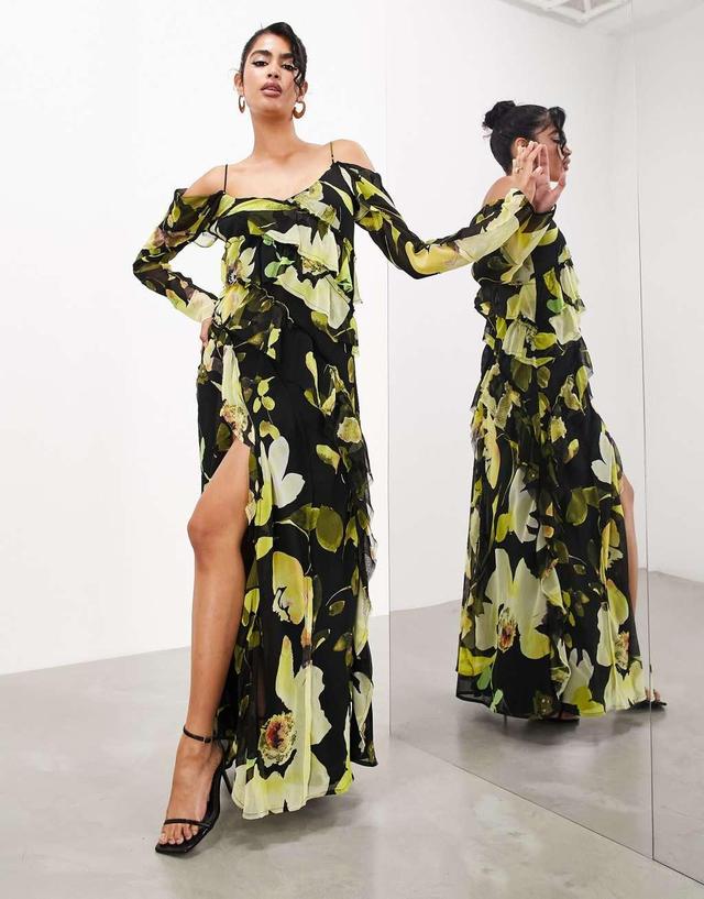 ASOS EDITION long sleeve bias cut maxi dress with raw edge frills in black floral Product Image