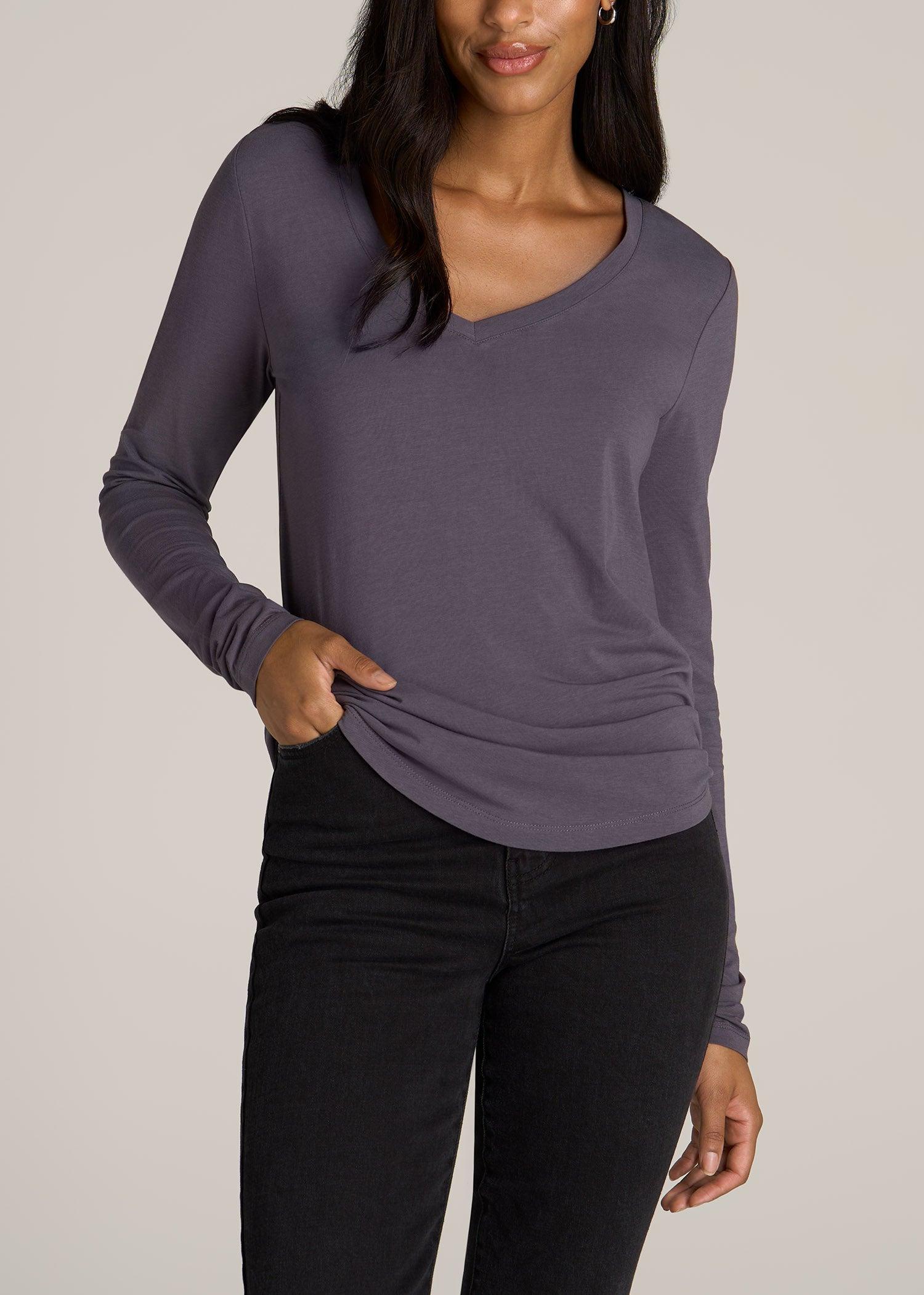 Long Sleeve Scoop V-Neck Tee Shirt for Tall Women in Charcoal product image