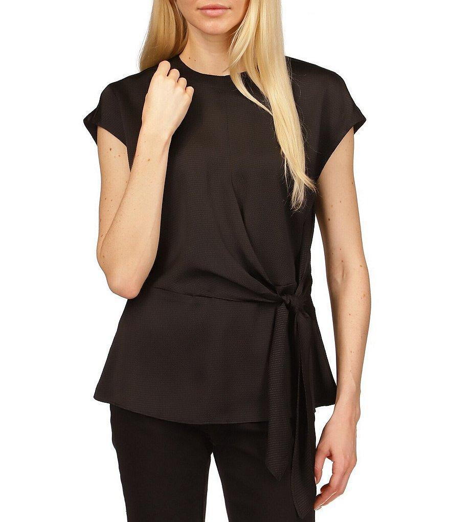 MICHAEL Michael Kors Crew Neck Tie Waist Short Sleeve Blouse Product Image