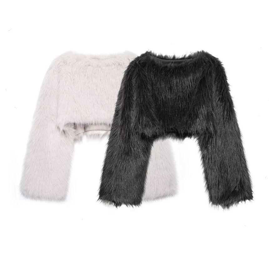 Crew Neck Plain Faux Fur Crop Sweatshirt Product Image