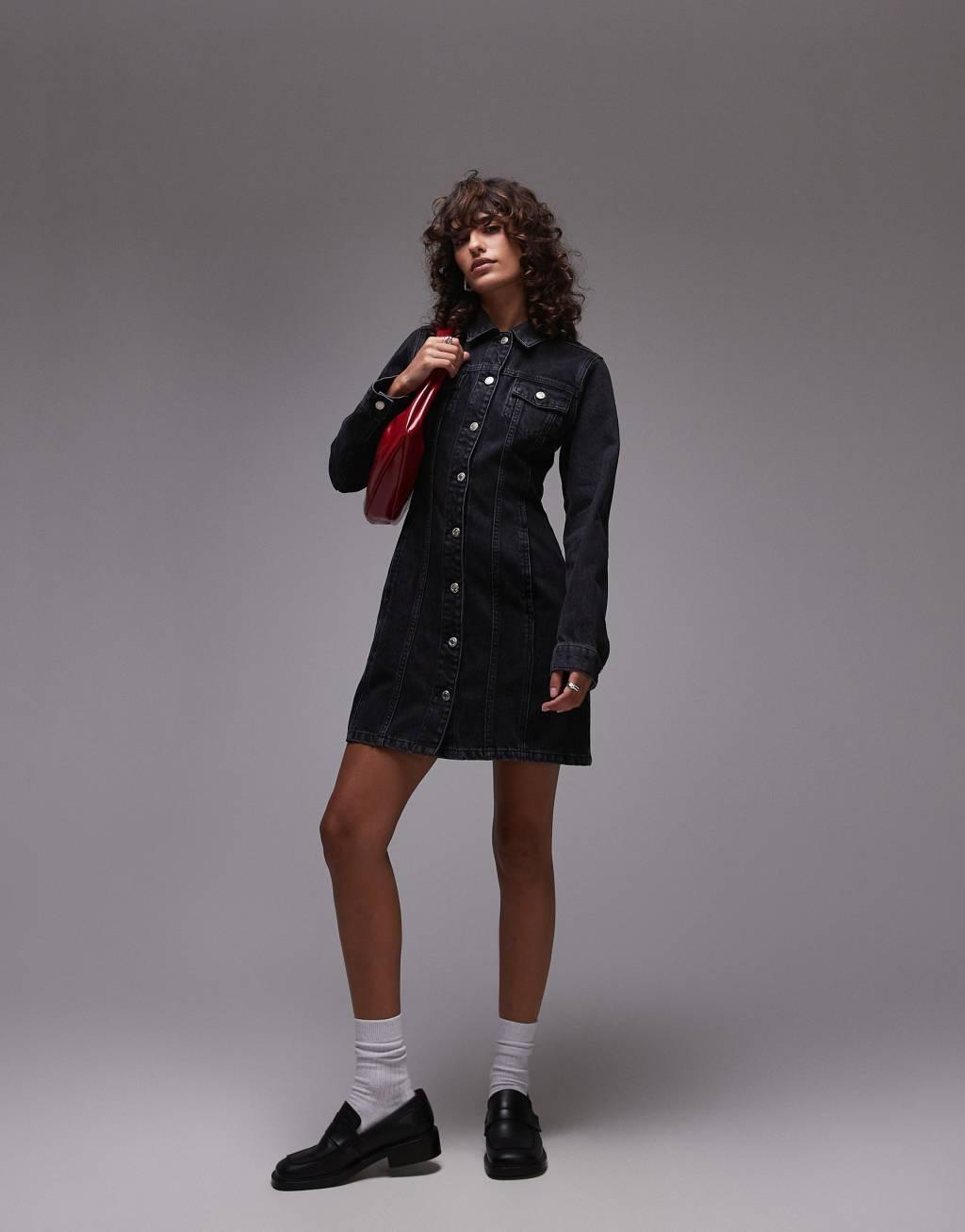 Topshop button through long sleeve mini dress in washed black Product Image