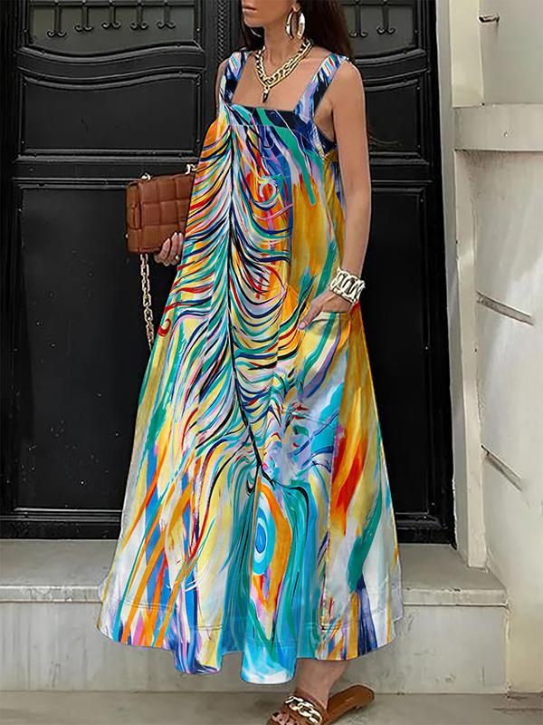 A-Line Loose Contrast Color Pockets Printed Split-Joint Spaghetti-Neck Maxi Dresses Product Image