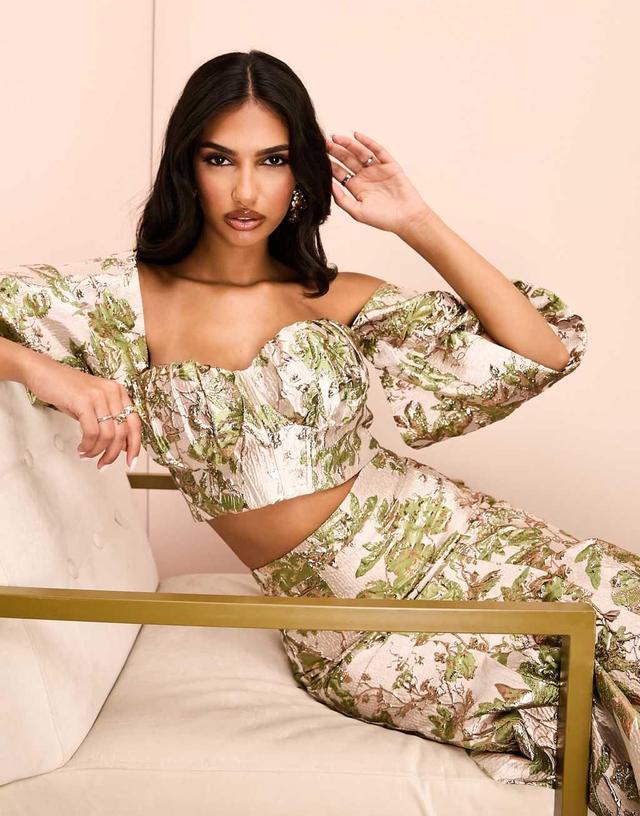 ASOS LUXE jacquard off shoulder crop top in green and gold floral - part of a set Product Image