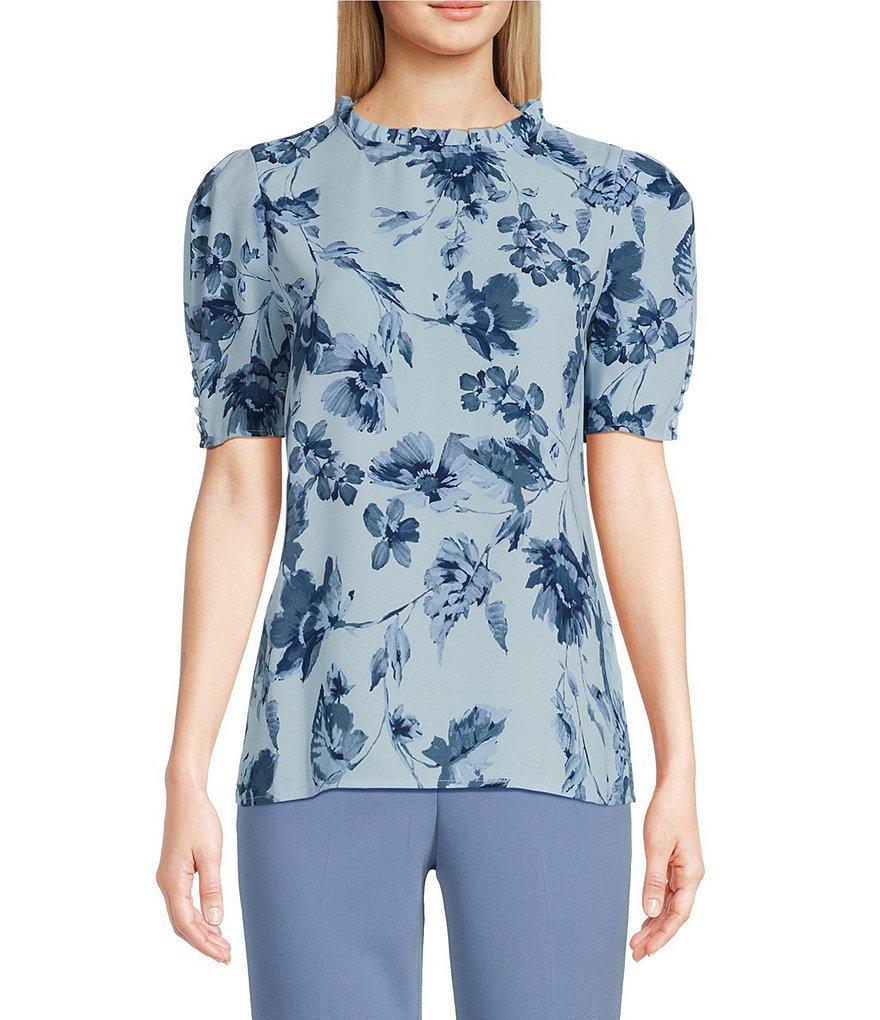 Calvin Klein Petite Size Woven Floral Ruffle Mock Neck Short Puff Sleeve Top product image