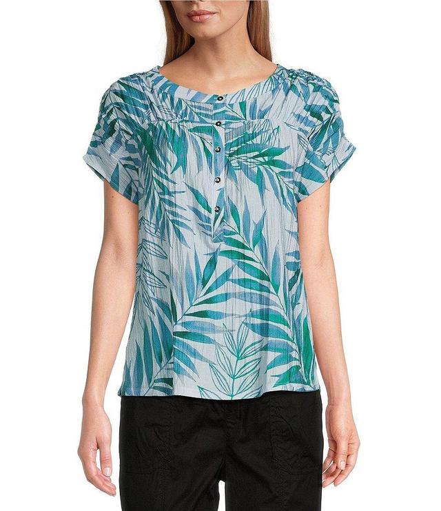 Westbound Palm Print Sleeveless Ruched Henley Top Product Image