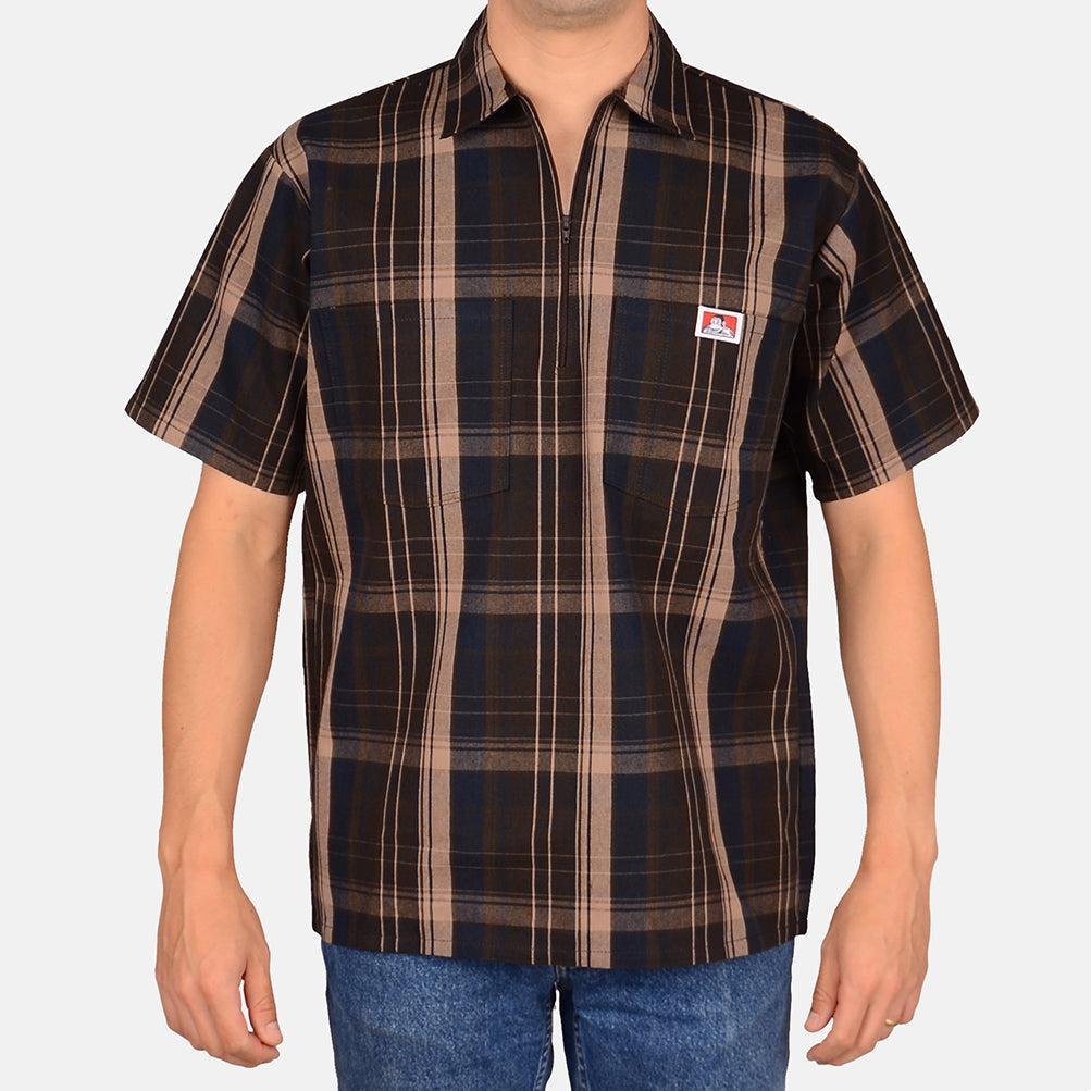 Short Sleeve Plaid 1/2 Zip Shirt - Brown Product Image