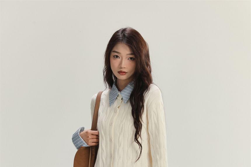 Collared Mock Two-Piece Striped Panel Cable Knit Button-Up Crop Cardigan Product Image