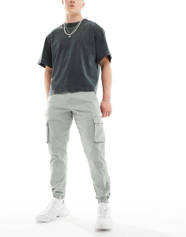 ONLY & SONS tapered fit cargo pants with cuffed bottoms in light sage Product Image