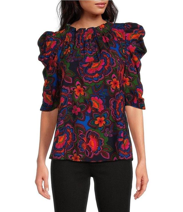 Sugarlips Floral Print Mock Neck 3/4 Puff Sleeve Top Product Image