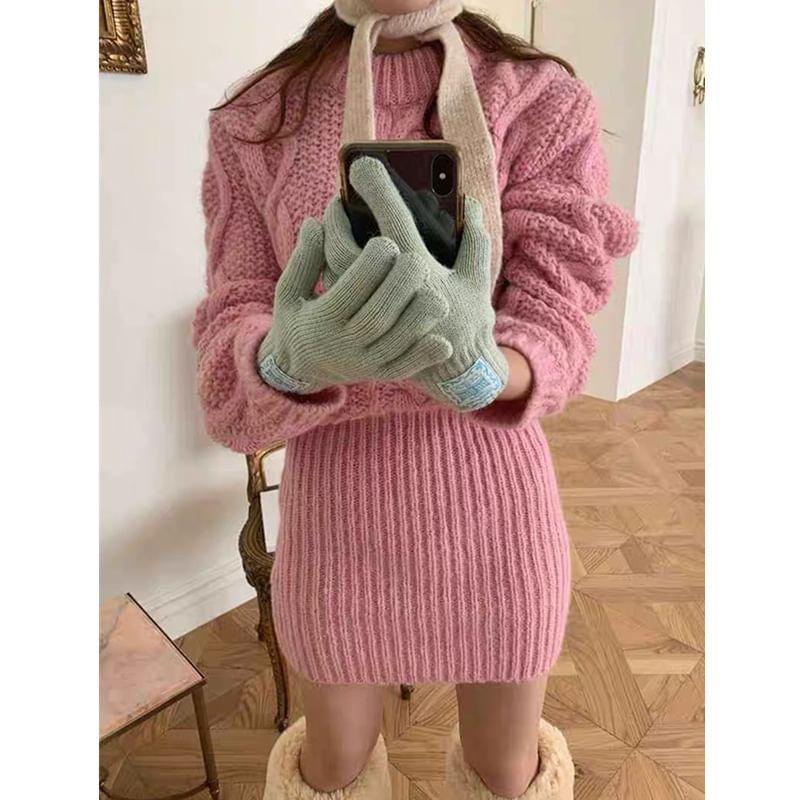 Long-Sleeve Crew Neck Plain Mini Cable Knit Sweater Dress Product Image