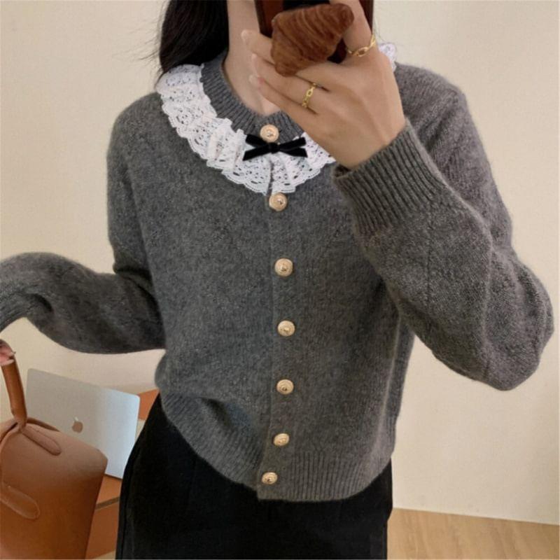 Round Neck Bow Lace Trim Cardigan Product Image