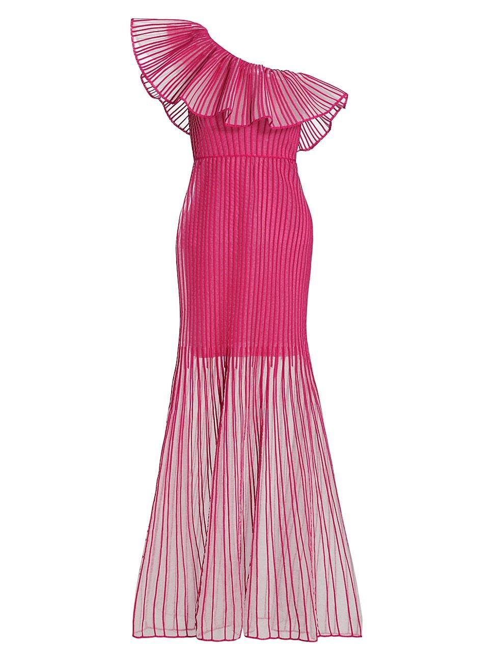 Womens Sheer Stripes Ruffled Gown Product Image