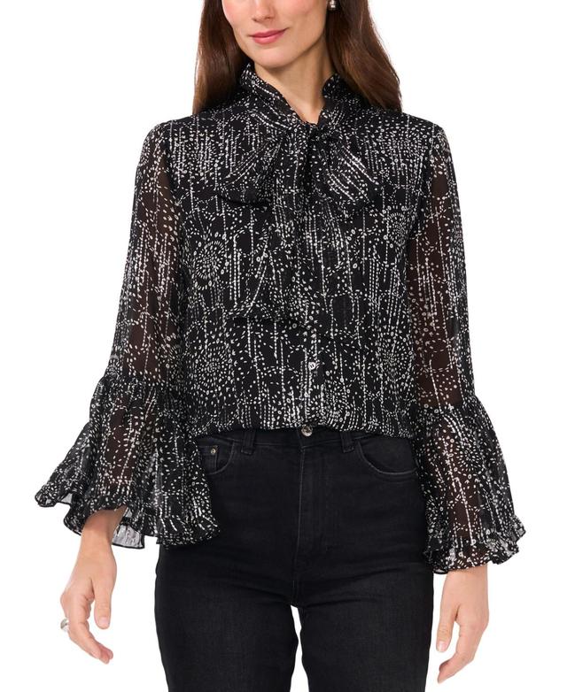 Vince Camuto Womens Printed Tie-Neck Flare-Sleeve Top Product Image