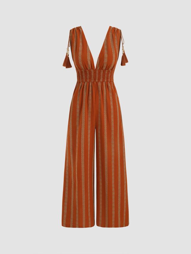 100% Cotton V-neck Striped Drawstring Fringe Pocket Jumpsuit Product Image