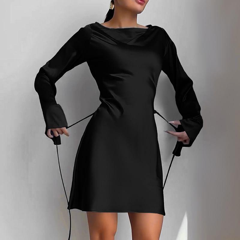 Long Sleeve Round Neck Plain Satin Mini A-Line Dress Product Image