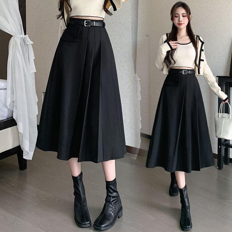 High Rise Plain Asymmetrical Pleated Midi A-Line Skirt Product Image