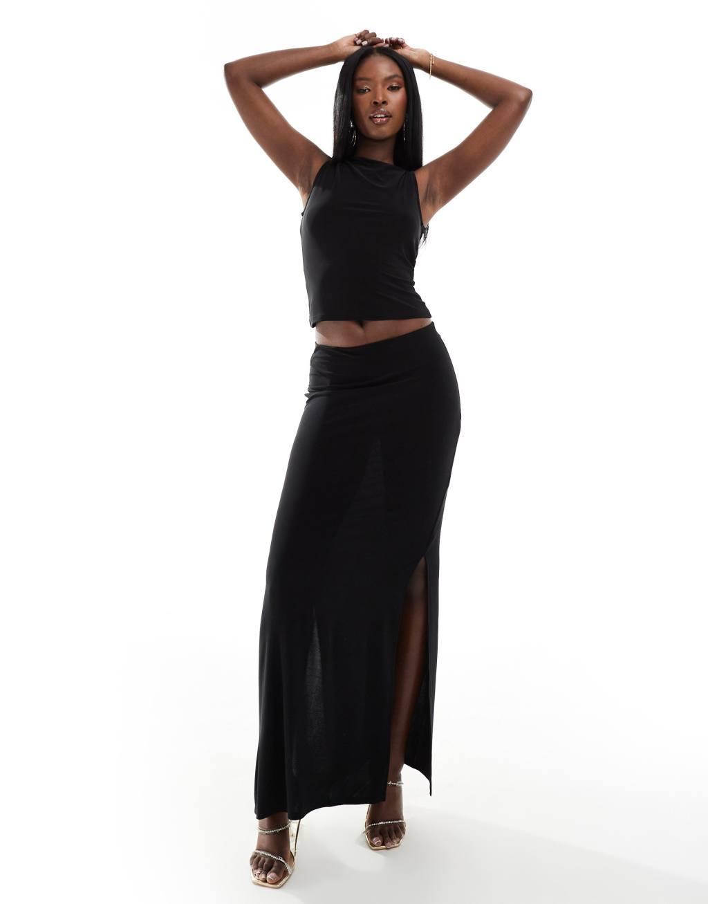 ASOS DESIGN slinky midi skirt with side splits in black - part of a set Product Image