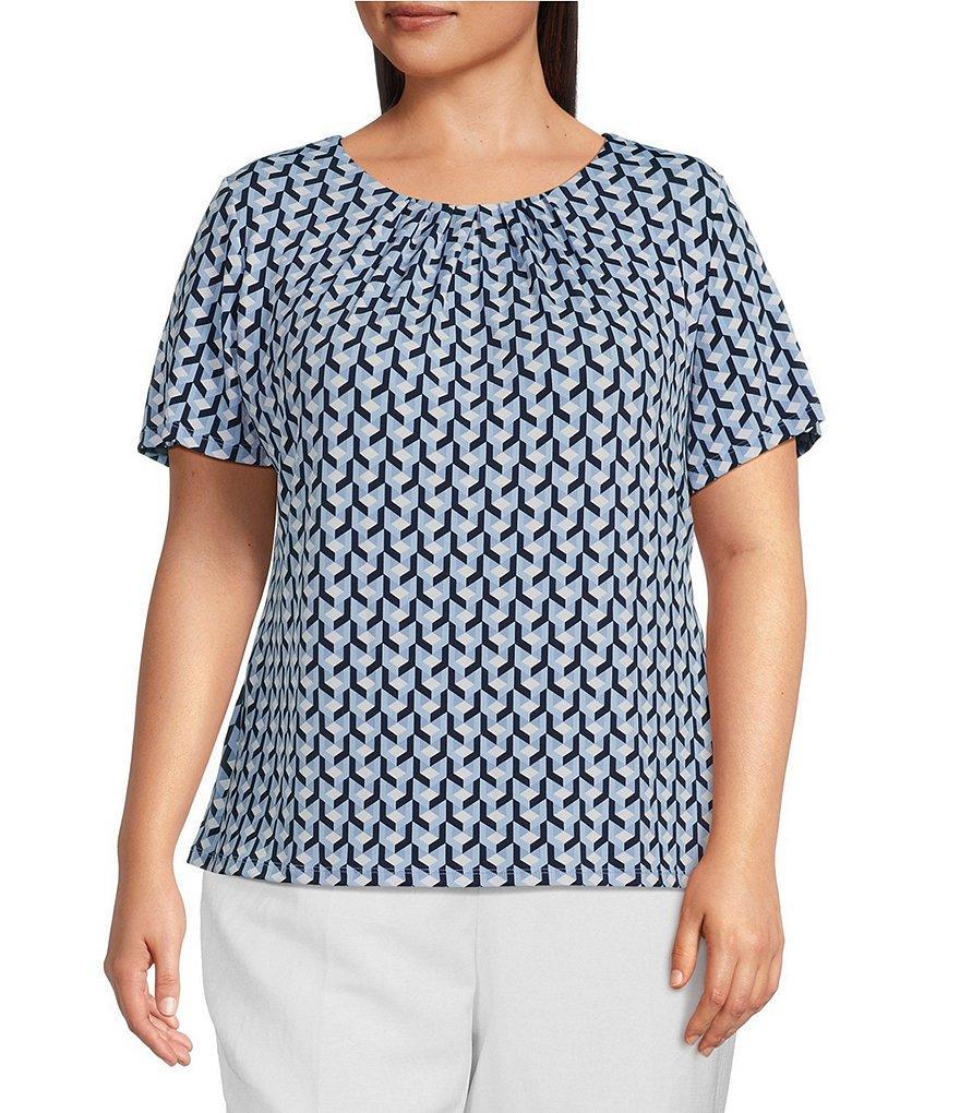 Calvin Klein Plus Size Geo Print Pleated Crew Neck Short Sleeve Reprocessed Polyester Top product image