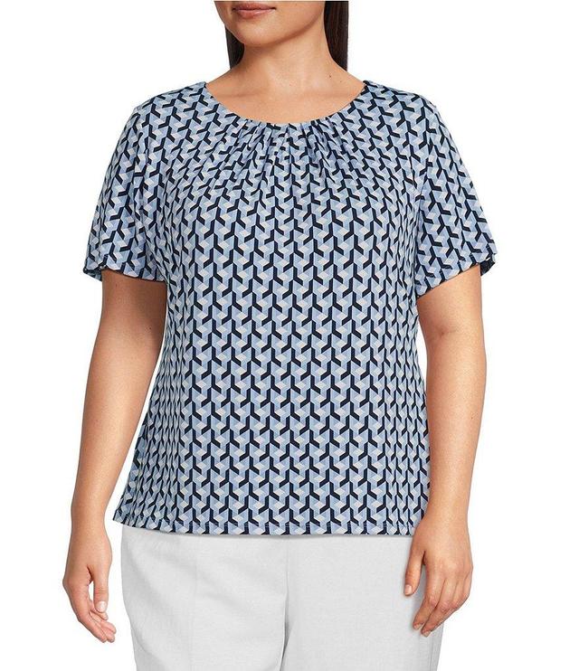 Calvin Klein Plus Size Geo Print Pleated Crew Neck Short Sleeve Reprocessed Polyester Top Product Image