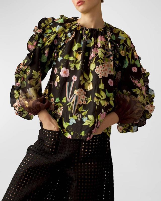 Ruched Floral-Print Ruffle-Trim Blouse Product Image