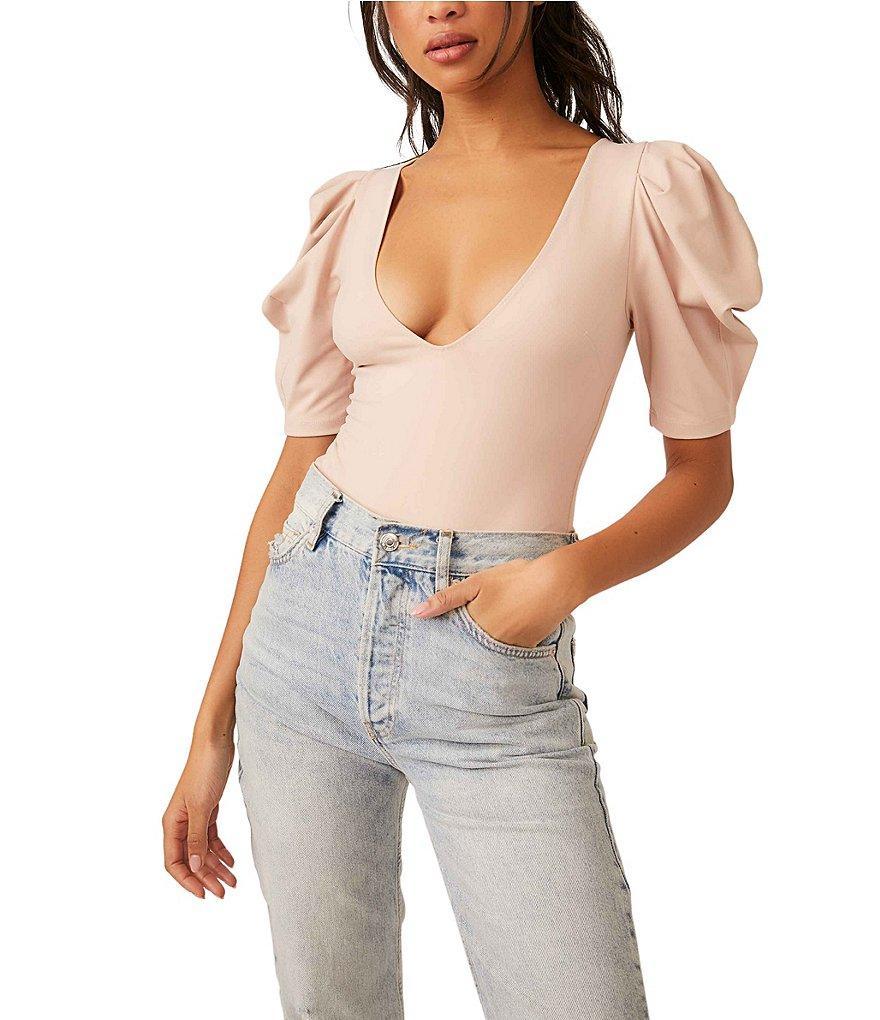 Free People Va Va Voop Knit Deep V-Neck Short Ruched Puffed Sleeve Bodysuit Product Image