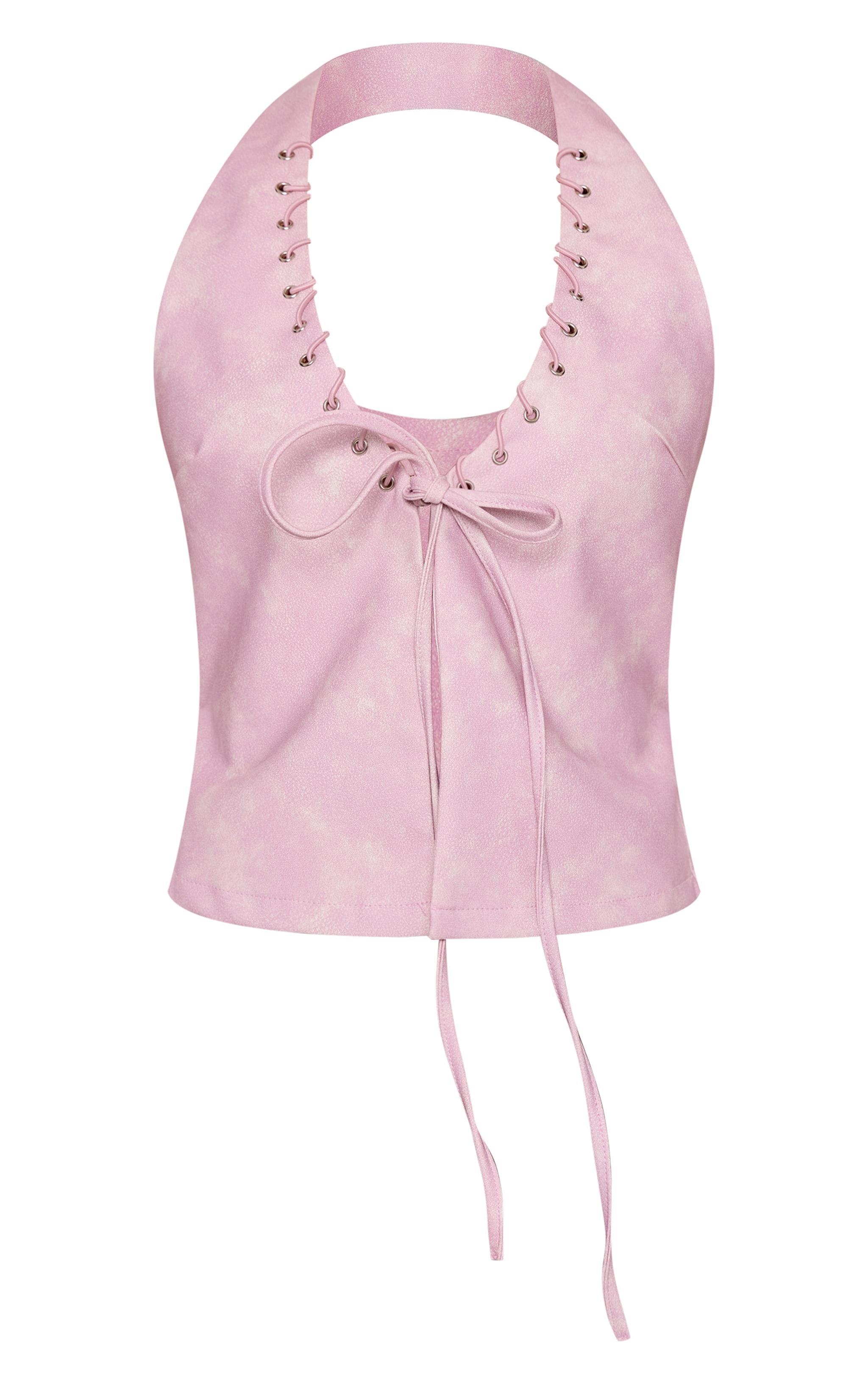 Pink Faux Leather Washed Plunge Long Top Product Image