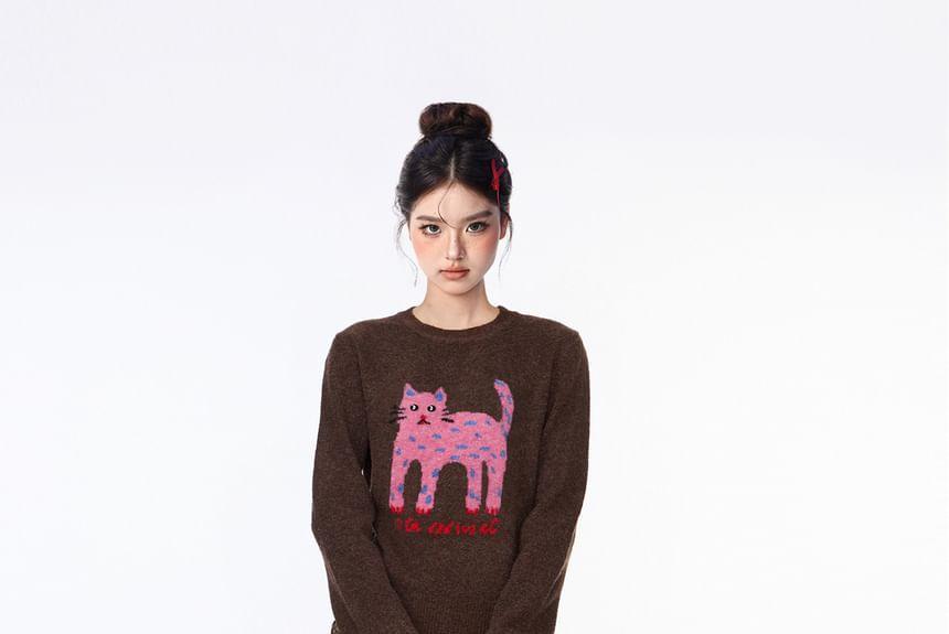 Round Neck Cat Jacquard Sweater Product Image