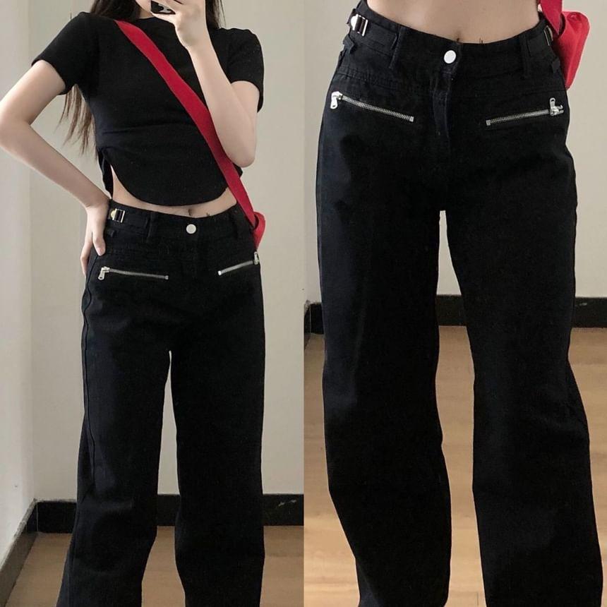 High Waist Plain Straight Leg Jeans Product Image