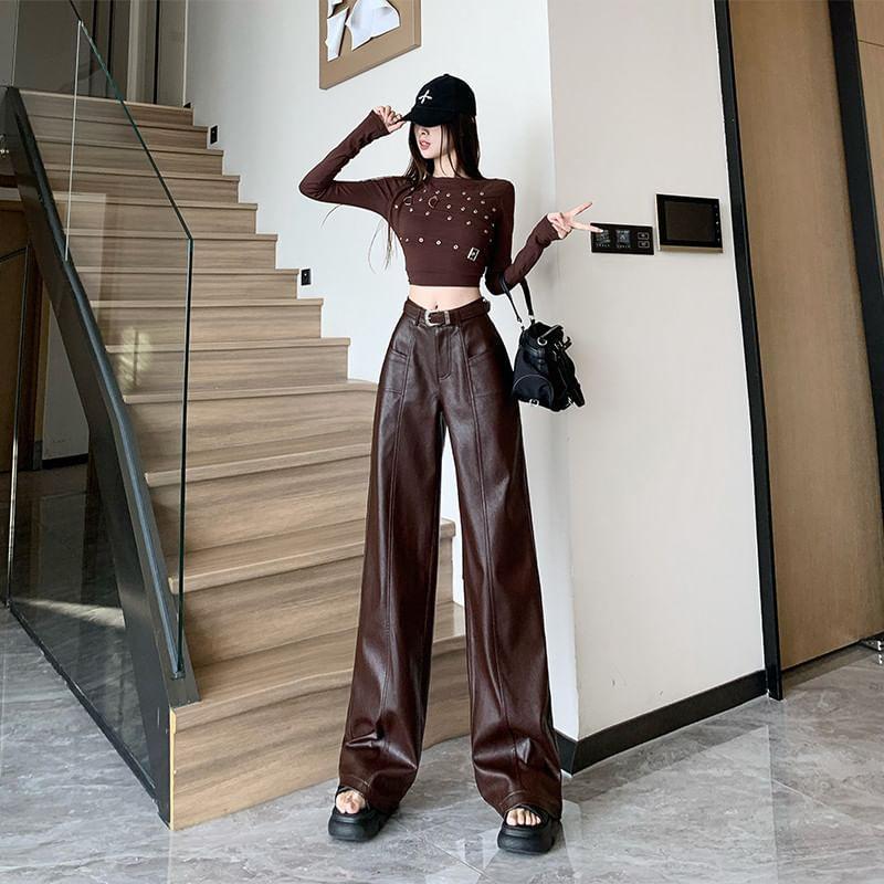 High Waist Plain Faux Leather Wide Leg Pants Product Image