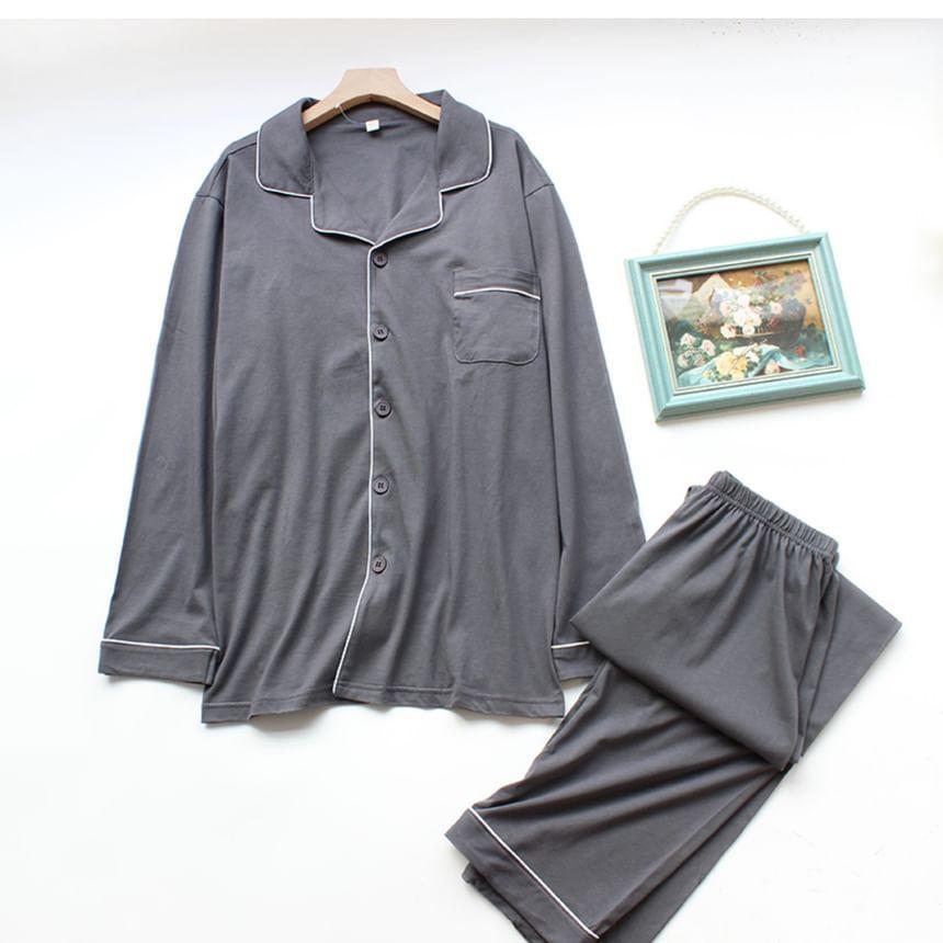 Couple Matching Pajama Set: Plain Contrast Trim Shirt + Pants Product Image